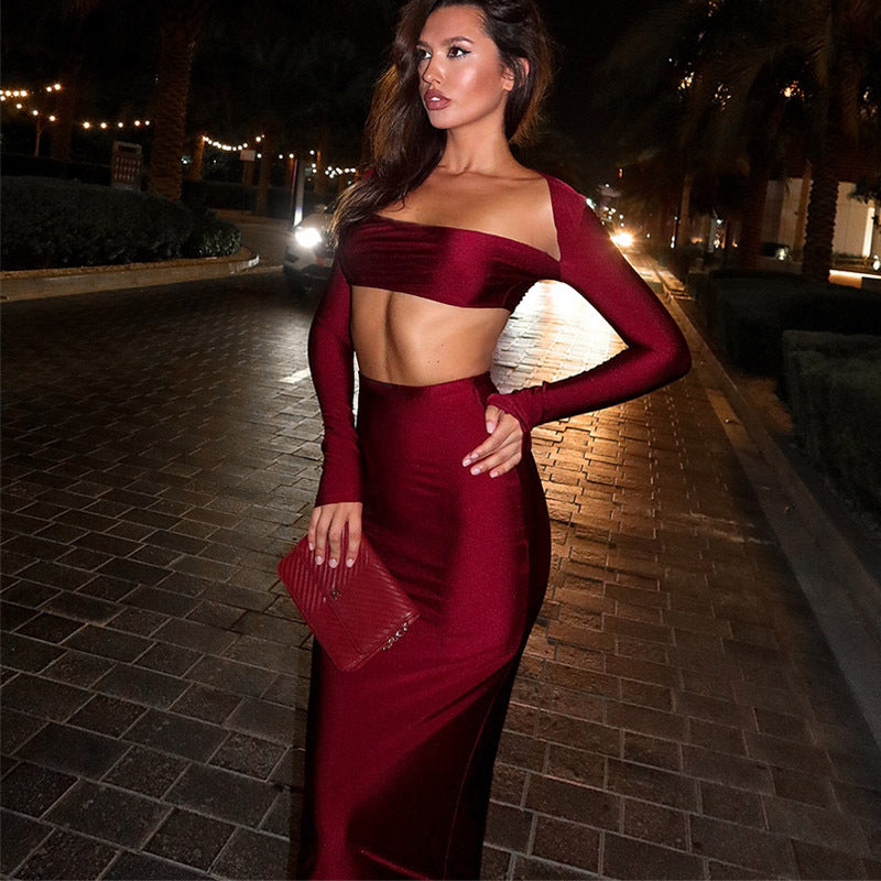 Women's dress, sexy and fashionable, strapless with floral inlay, sleeveless slit, backless long skirt